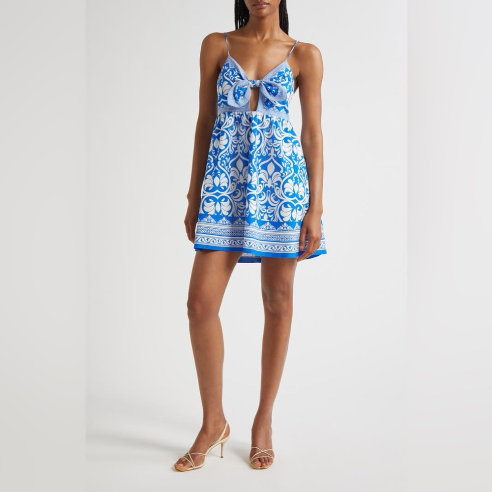 Alice + Olivia Blue and White Floral Dress Melvina Bow Mini Linen